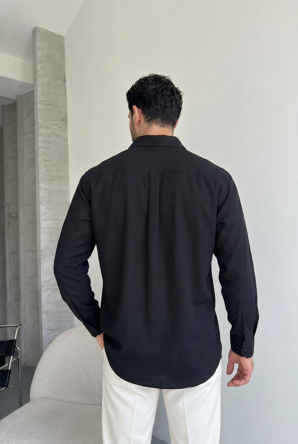 Nairobi Siyah Renkli Soft Keten Görünümlü Yarım Oversize Rahat Kalıp Gömlek