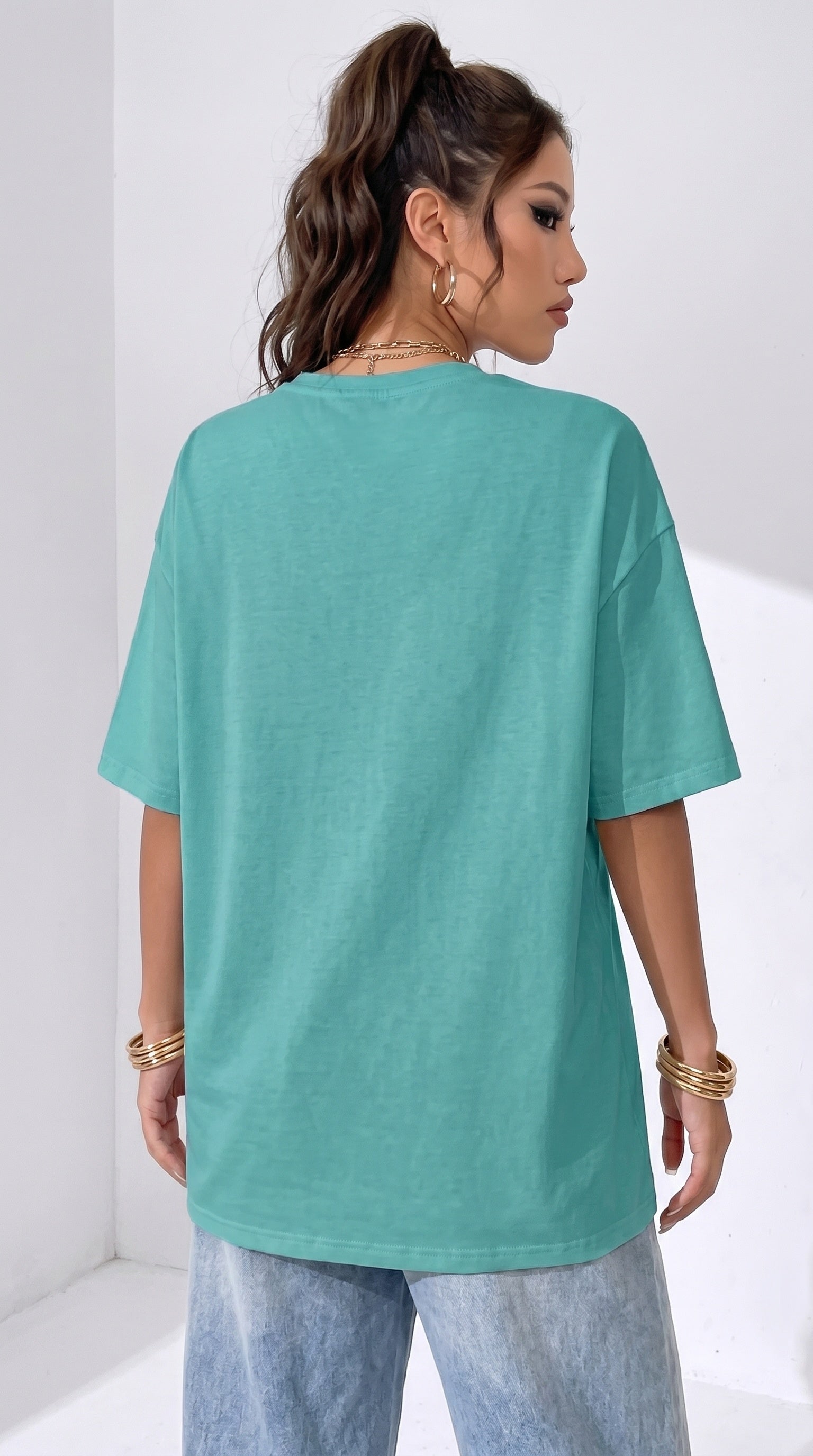 Kadın Turkuaz Geyik Oversize Salas Boyfriend T-shirt
