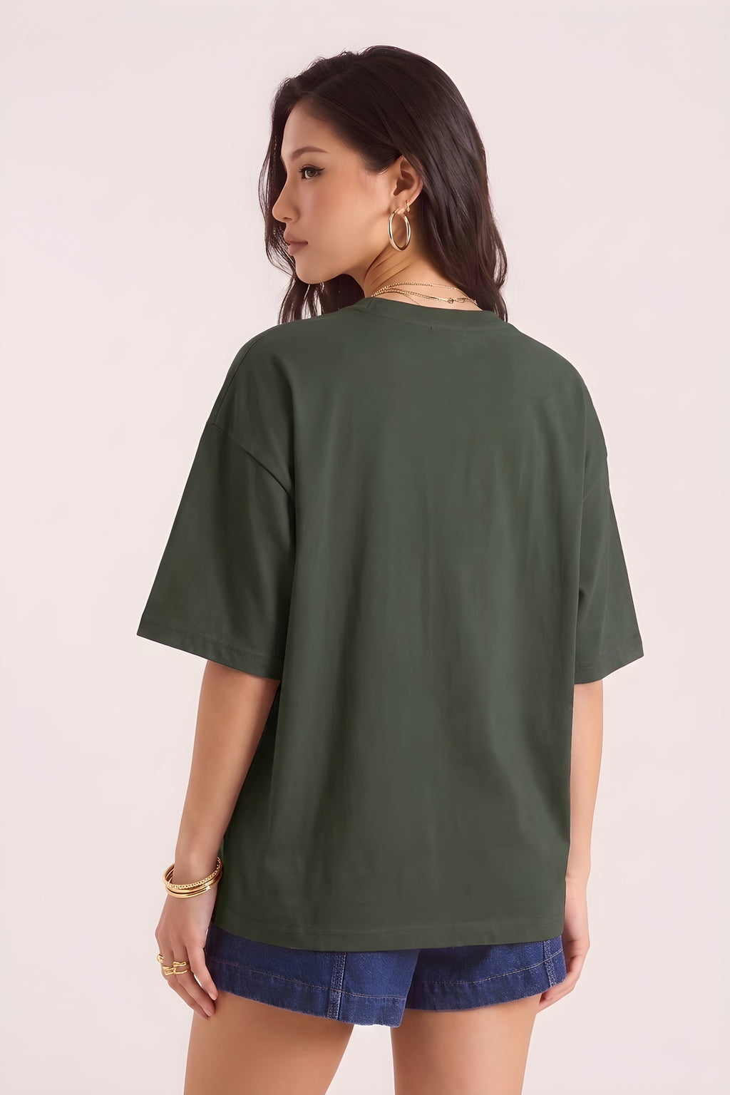 Haki Basic Düz Baskısız Oversize Salas Boyfriend Kadın T-Shirt
