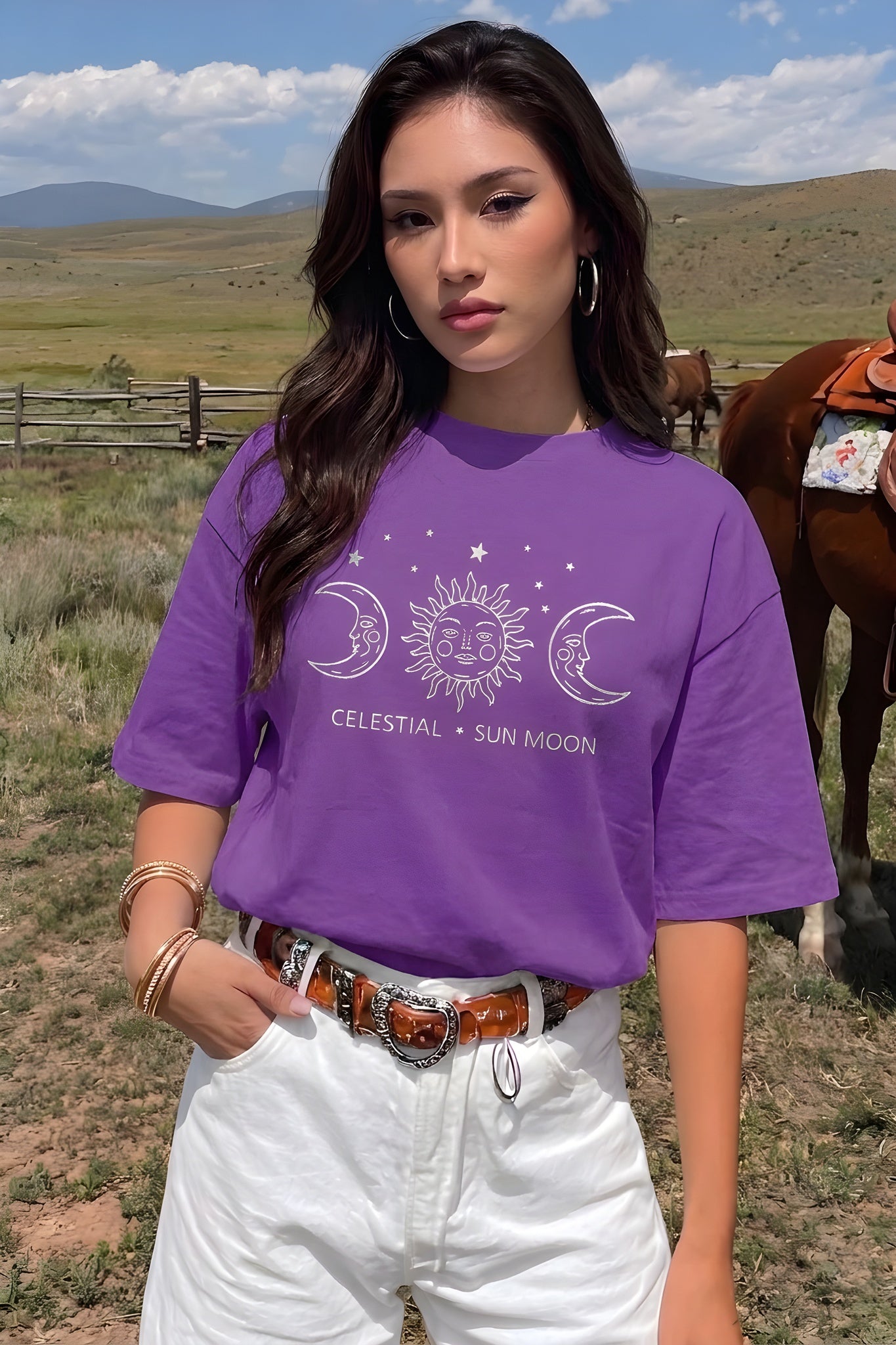 Kadın Mor Oversize Celestial Sun Moon Baskılı T-Shirt - K2113