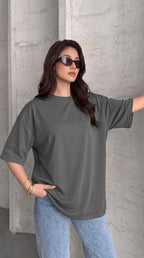 Kadın Gri Basic Düz Baskısız Oversize Salas T-shirt