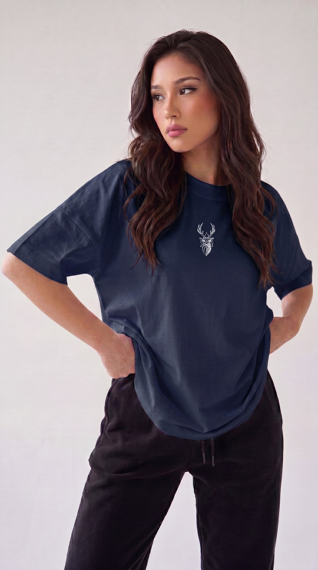 Kadın Lacivert Geyik Oversize Salas Boyfriend T-shirt