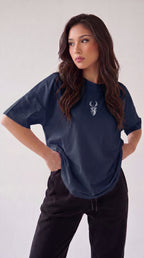 Kadın Lacivert Geyik Oversize Salas Boyfriend T-shirt