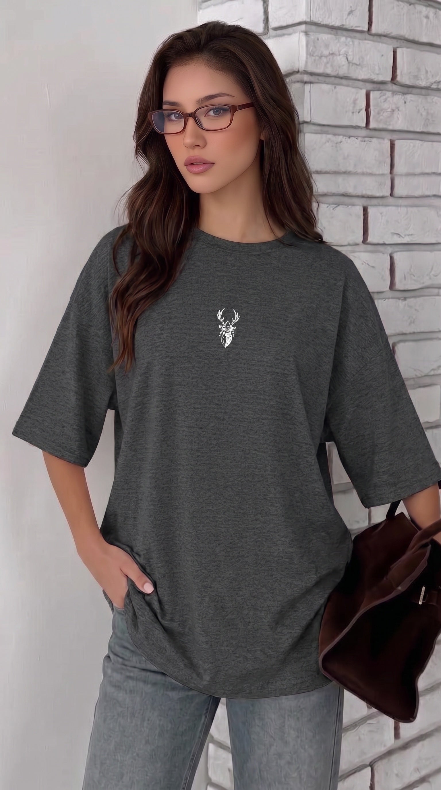 Kadın Antrasit Melanj Geyik Oversize Salas Boyfriend T-shirt