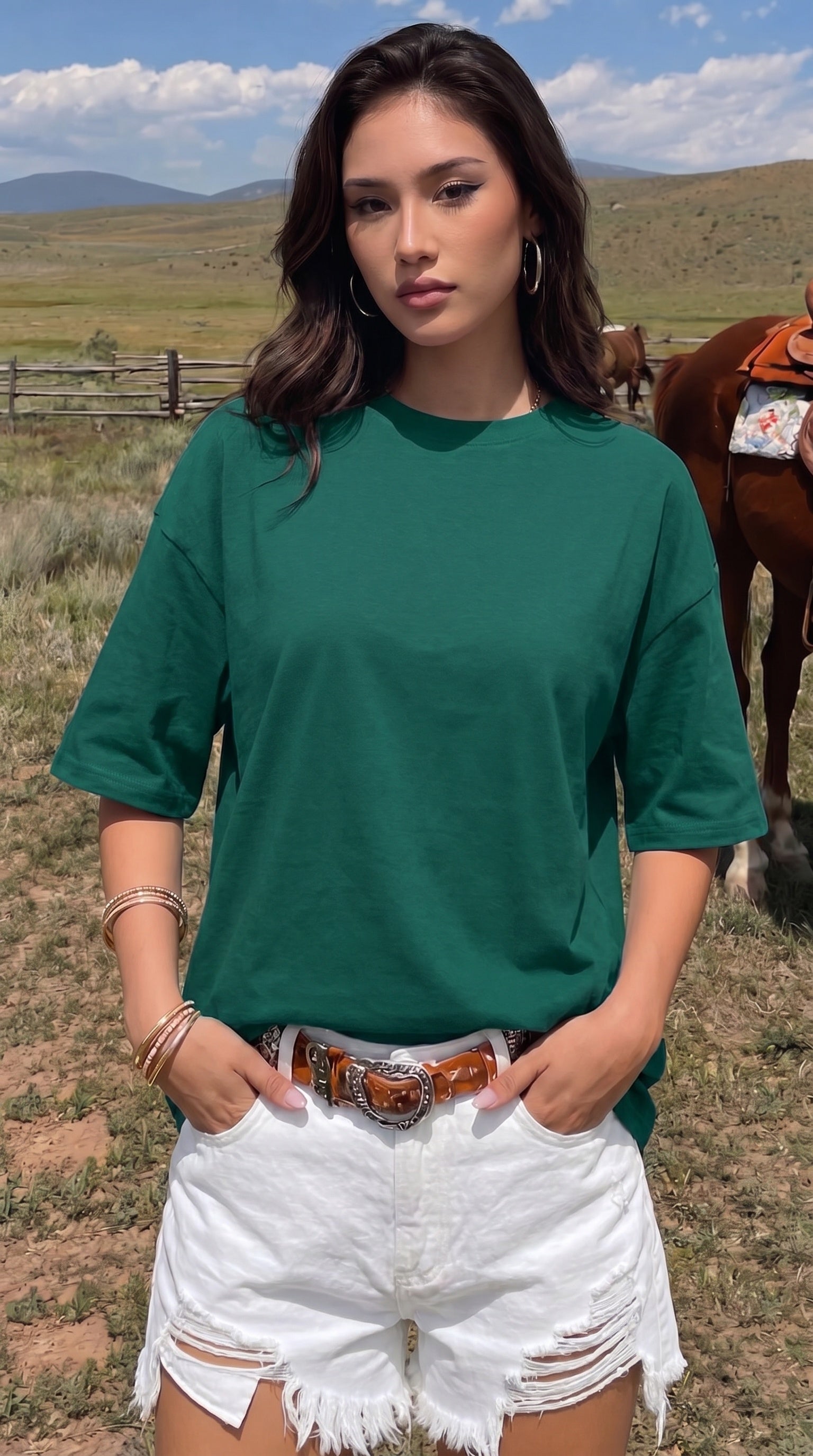 Kadın Zümrüt Yeşili Basic Düz Baskısız Oversize Salas T-shirt