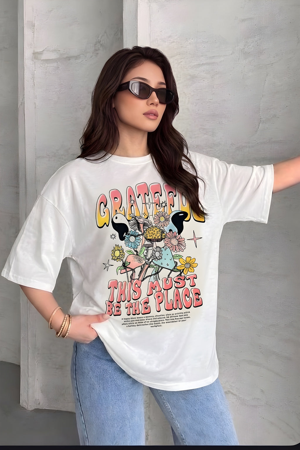 Kadın Beyaz Greatful Oversize T-Shirt - K2189
