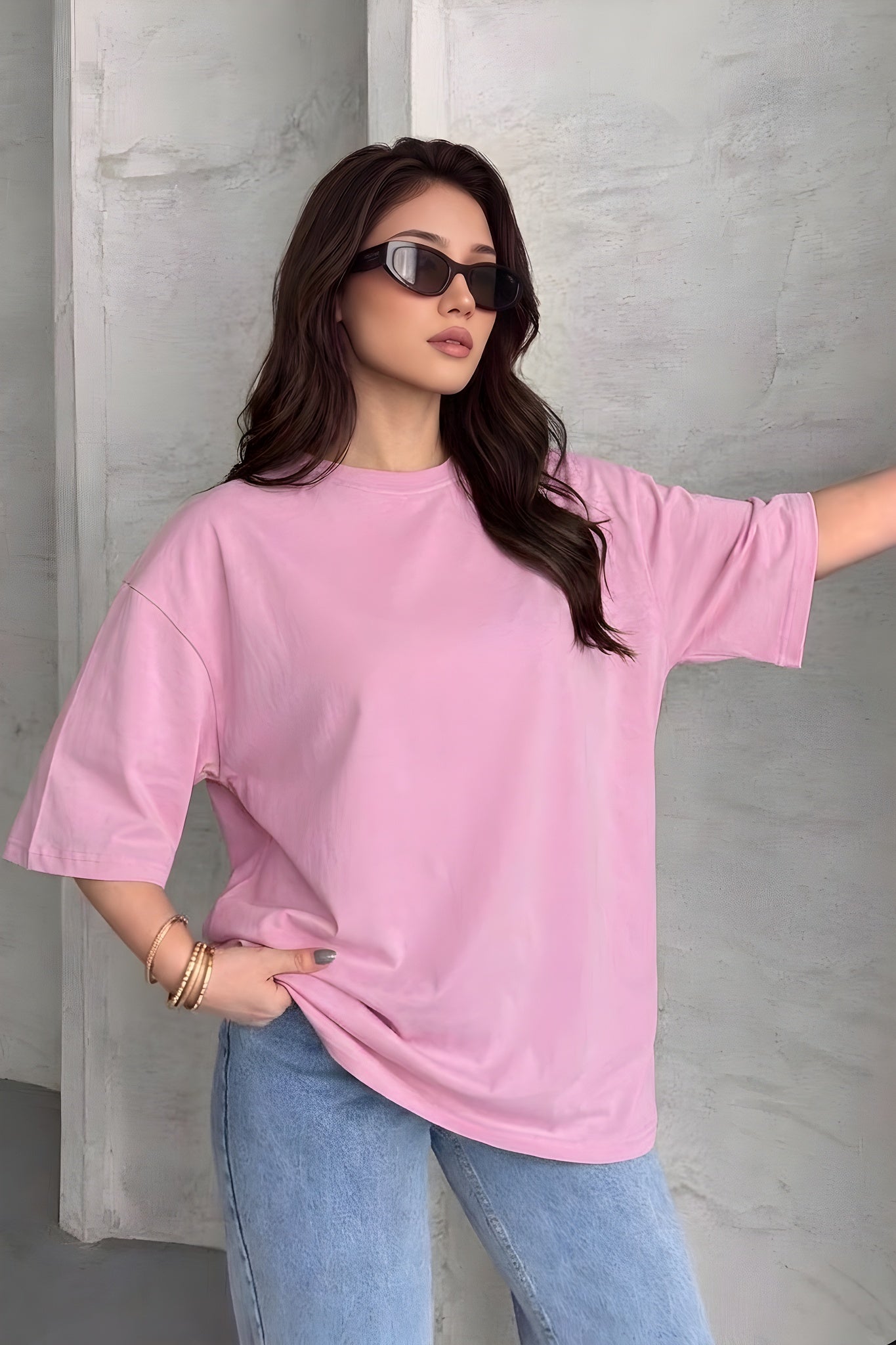 Açık Pembe Basic Düz Baskısız Oversize Salas Boyfriend Kadın T-Shirt