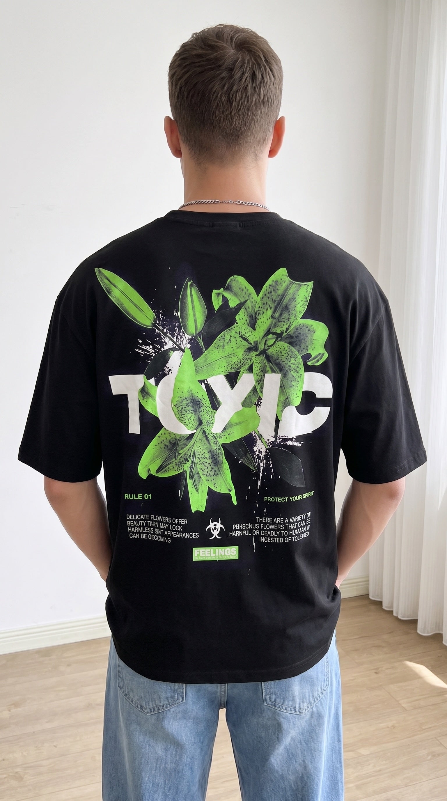 Erkek Siyah Toxic Oversize Fit Bol Geniş Kalıp Salaş Kesim T-shirt