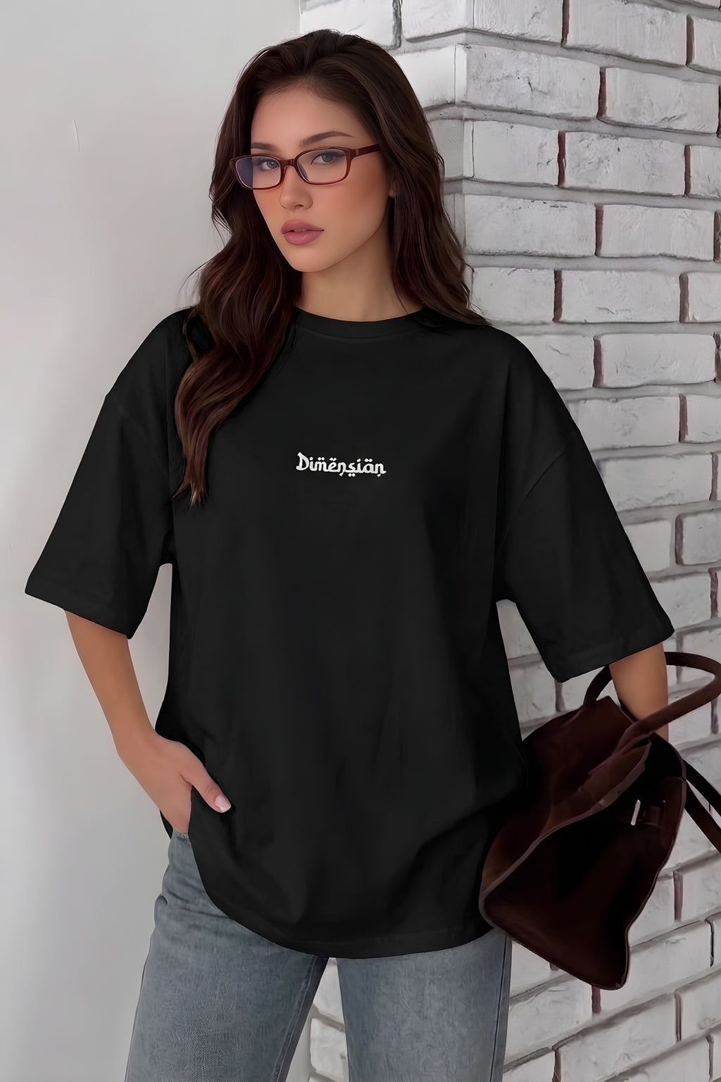 Kadın Dimension Baskılı Siyah Bisiklet Yaka Oversize Salaş T-Shirt