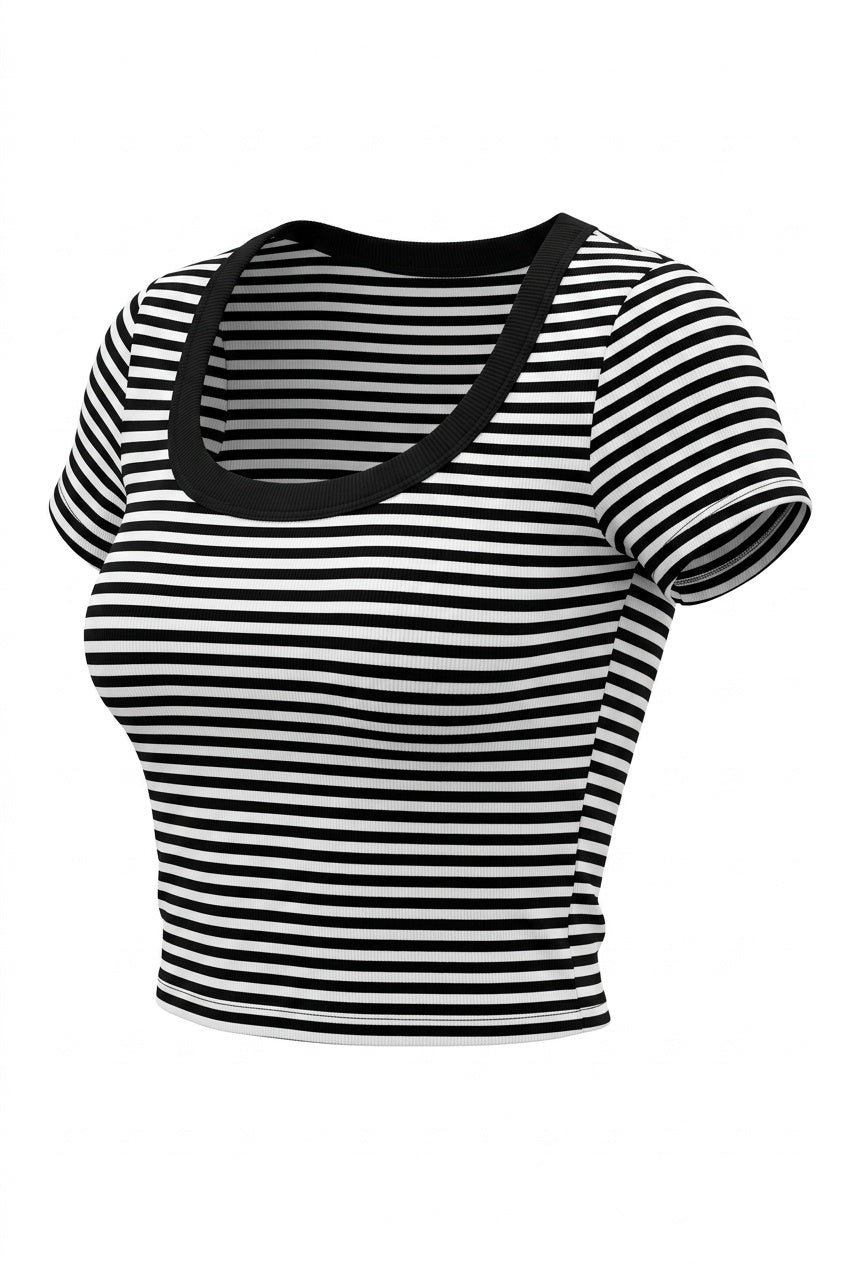 Kadın İnce Çizgili Siyah-Beyaz U Yaka Kısa Kollu Fitilli Kaşkorse Bluz Body