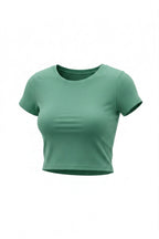 Kadın Mint Yeşili Bisiklet Yaka Kısa Kollu Fitilli Kaşkorse Crop Bluz