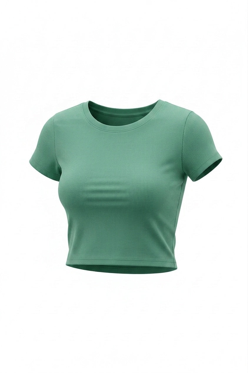 Kadın Mint Yeşili Bisiklet Yaka Kısa Kollu Fitilli Kaşkorse Crop Bluz