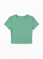Kadın Mint Yeşili Bisiklet Yaka Kısa Kollu Fitilli Kaşkorse Crop Bluz