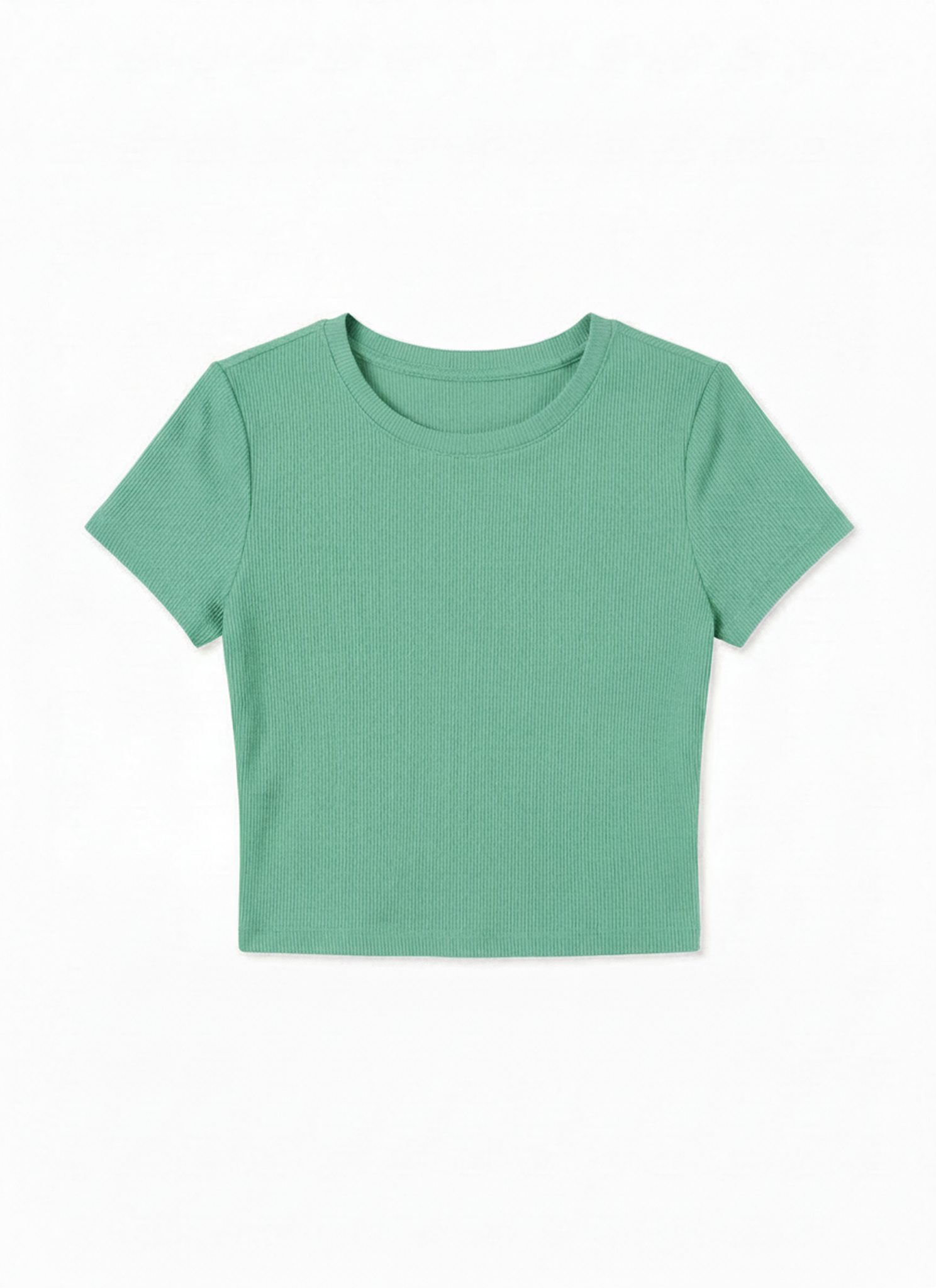 Kadın Mint Yeşili Bisiklet Yaka Kısa Kollu Fitilli Kaşkorse Crop Bluz