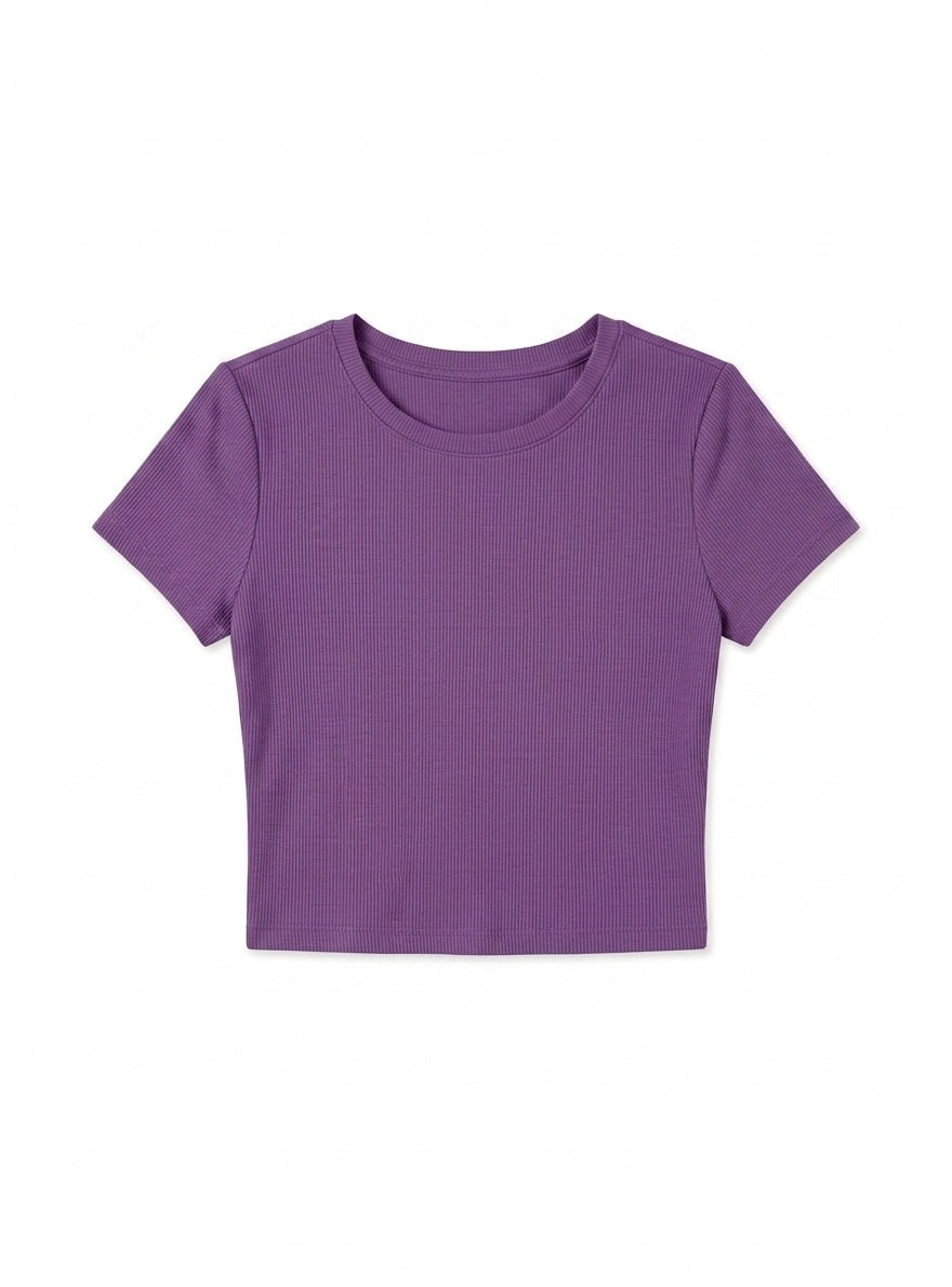 Kadın Mor Bisiklet Yaka Kısa Kollu Fitilli Kaşkorse Crop Bluz