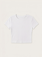 Kadın Beyaz Bisiklet Yaka Kısa Kollu Fitilli Kaşkorse Crop Bluz