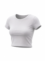 Kadın Beyaz Bisiklet Yaka Kısa Kollu Fitilli Kaşkorse Crop Bluz