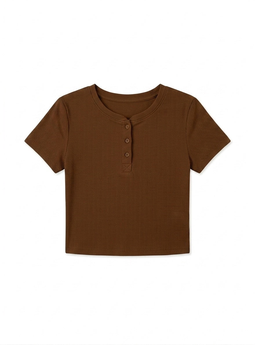 Kadın Kahverengi Kısa Kollu Patlı Düğmeli Bisiklet Yaka Fitilli Kaşkorse Bluz Body