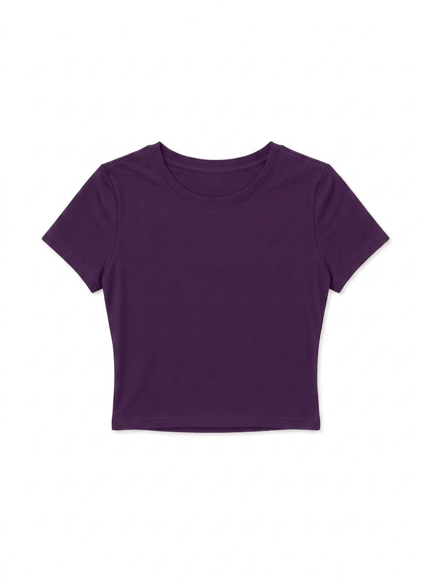 Kadın Mor Bisiklet Yaka Likralı Kısa Kol Body Crop Bluz