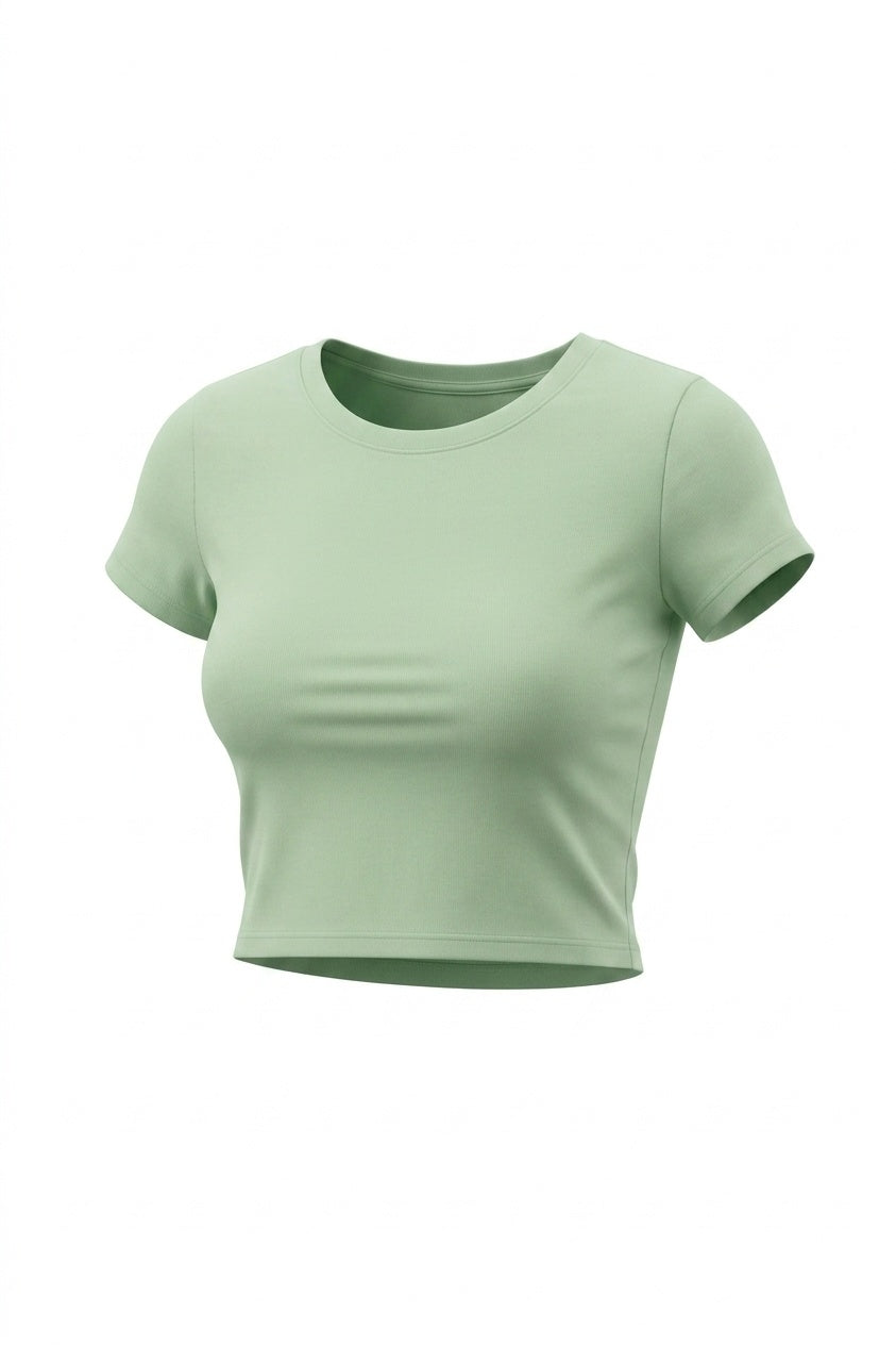 Kadın Su Yeşil Bisiklet Yaka Likralı Kısa Kol Body Crop Bluz