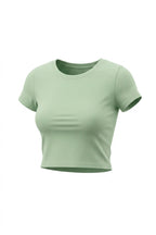 Kadın Su Yeşil Bisiklet Yaka Likralı Kısa Kol Body Crop Bluz