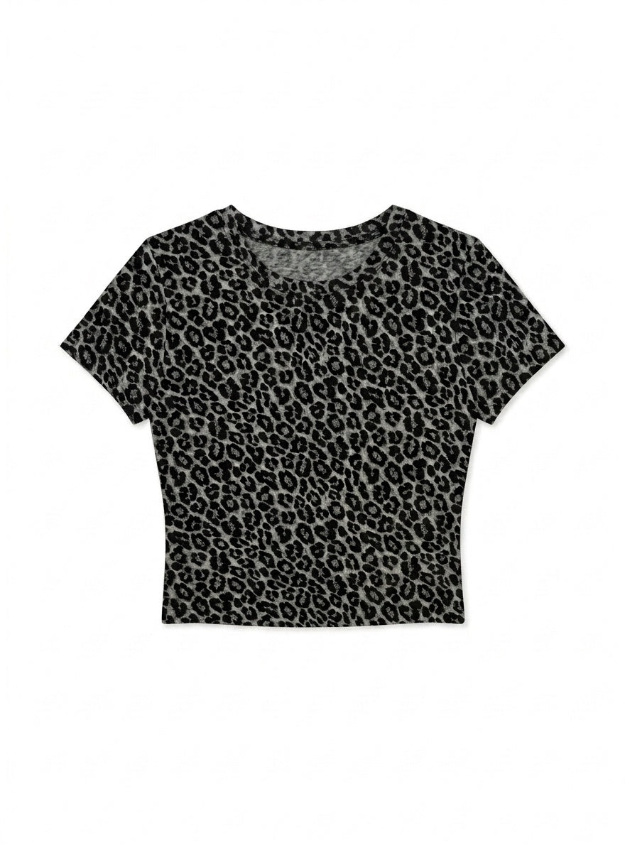 Kadın Leopar Baskılı Pamuklu Likralı Bisiklet Yaka Basic Kısa Kollu Esnek Body Crop
