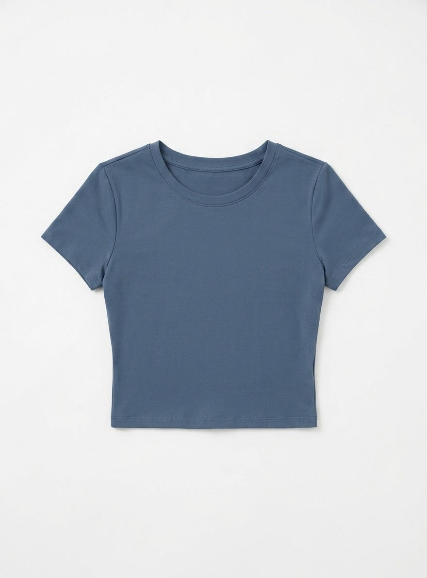 Kadın Füme Bisiklet Yaka Likralı Kısa Kol Body Crop Bluz