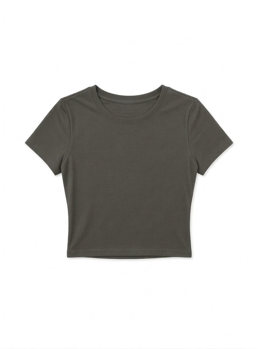 Kadın Haki Yeşili Bisiklet Yaka Likralı Kısa Kol Body Crop Bluz