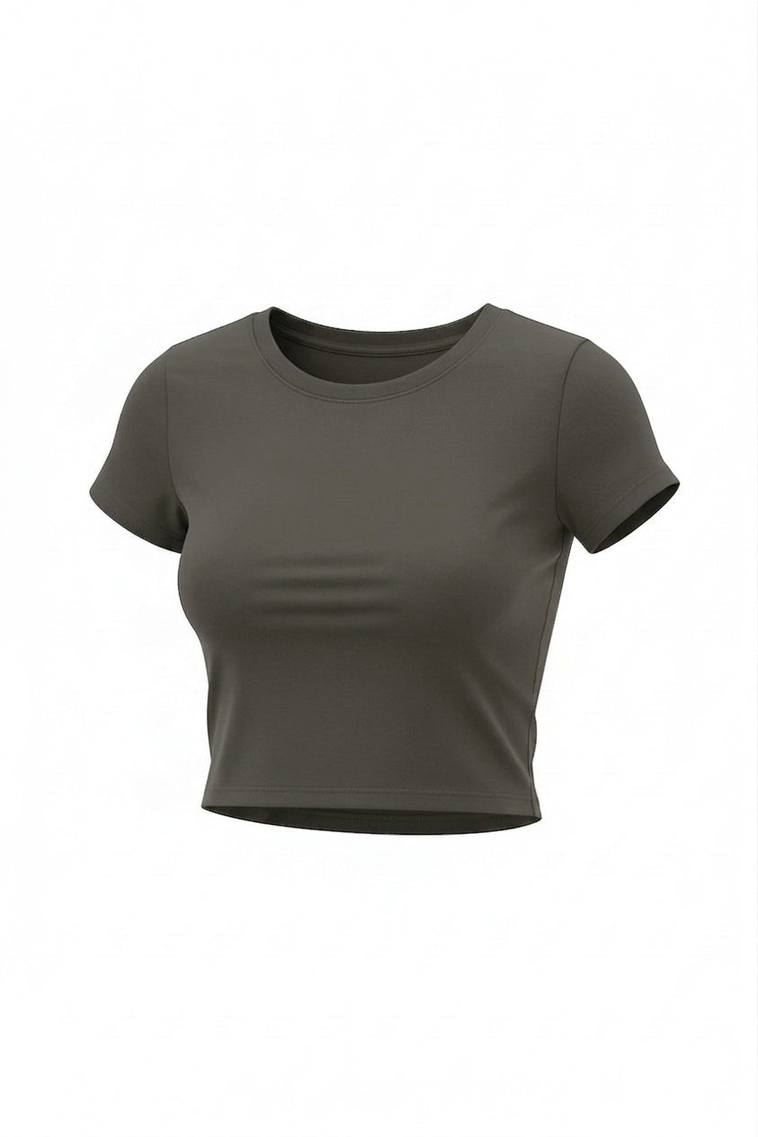 Kadın Haki Yeşili Bisiklet Yaka Likralı Kısa Kol Body Crop Bluz