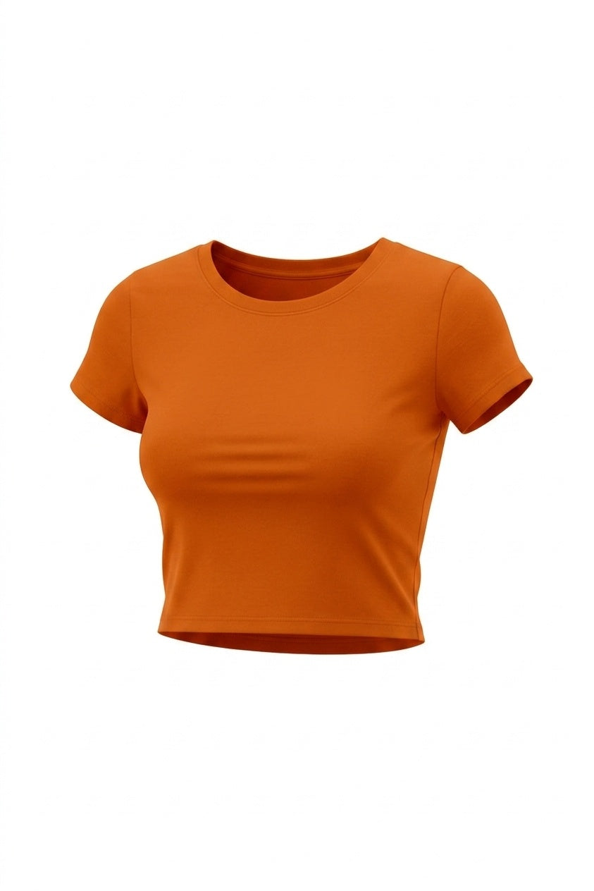Kadın Oranj Bisiklet Yaka Likralı Kısa Kol Body Crop Bluz