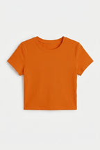 Kadın Oranj Bisiklet Yaka Likralı Kısa Kol Body Crop Bluz