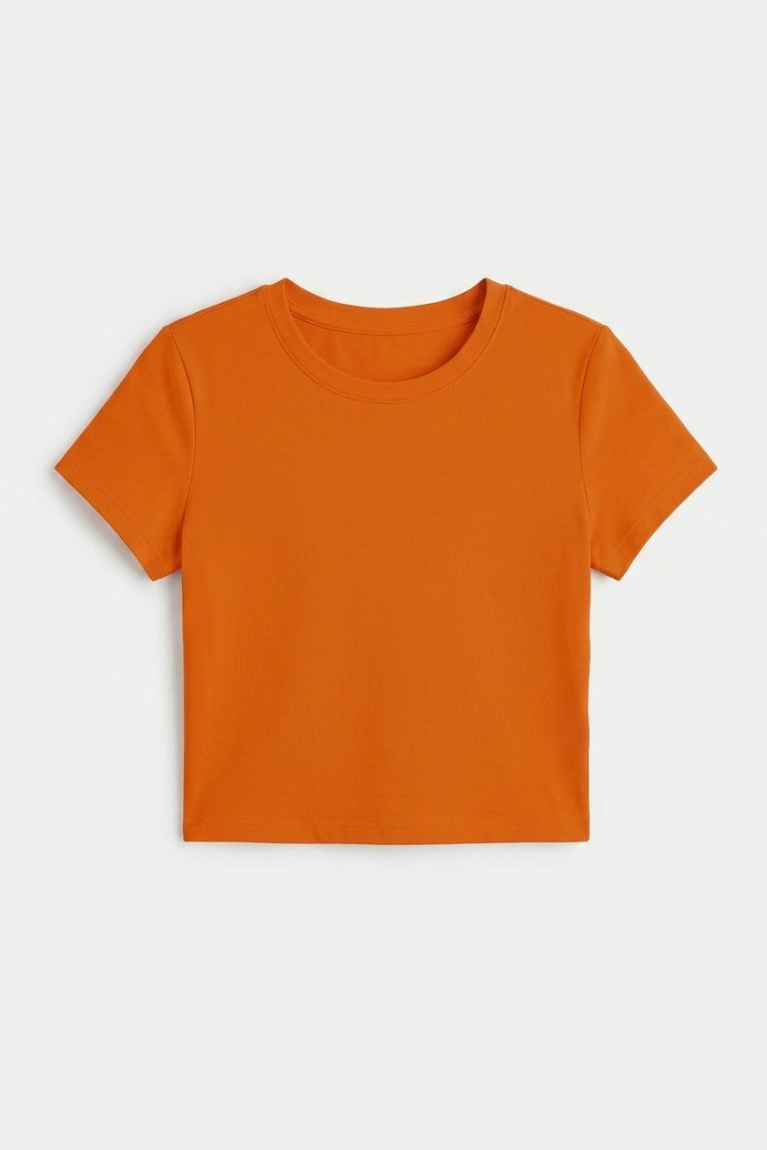 Kadın Oranj Bisiklet Yaka Likralı Kısa Kol Body Crop Bluz