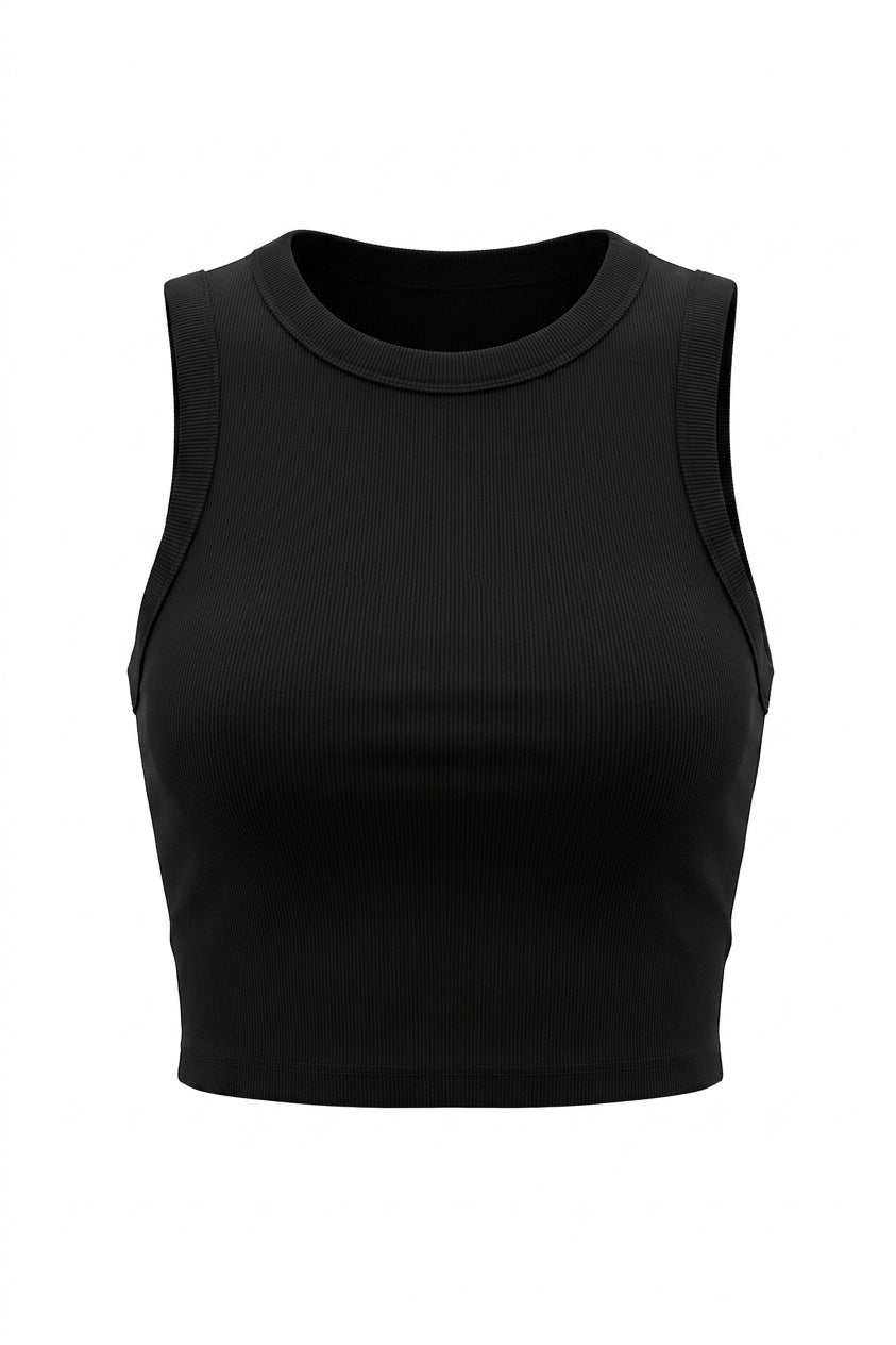 Kadın Siyah Kolsuz Bisiklet Yaka Likralı Sıfır Kol Atlet  Body Crop Bluz