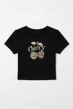 Kadın Siyah Kiraz Leopar Desenli Bisiklet Yaka Likralı Kısa Kol Body Crop Bluz