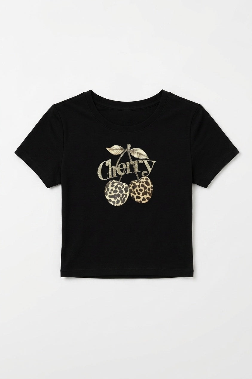 Kadın Siyah Kiraz Leopar Desenli Bisiklet Yaka Likralı Kısa Kol Body Crop Bluz