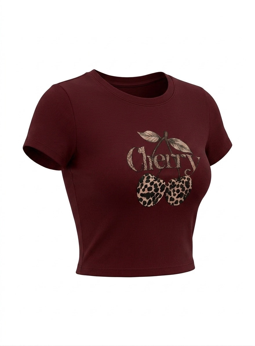 Kadın Bordo Kiraz Leopar Desenli Bisiklet Yaka Likralı Kısa Kol Body Crop Bluz