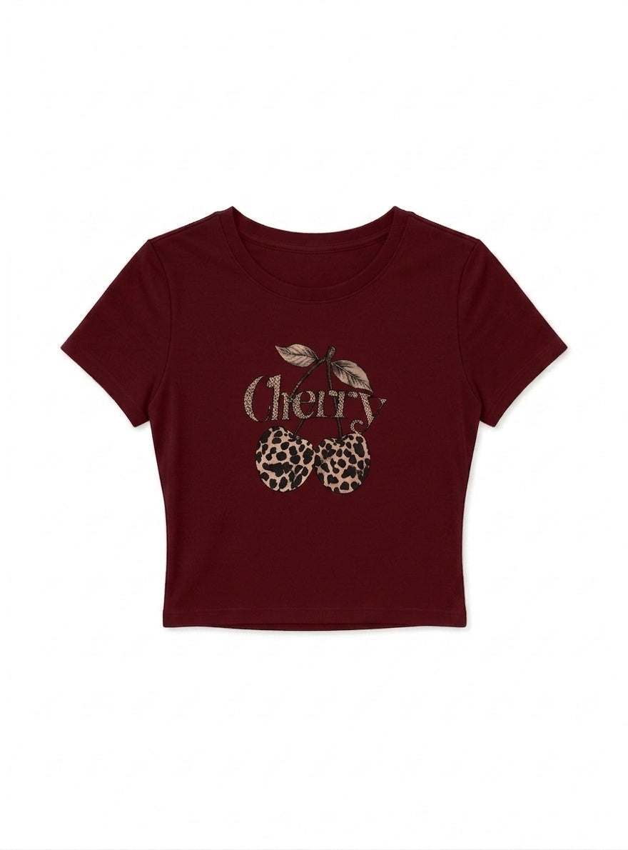 Kadın Bordo Kiraz Leopar Desenli Bisiklet Yaka Likralı Kısa Kol Body Crop Bluz