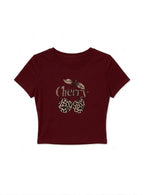 Kadın Bordo Kiraz Leopar Desenli Bisiklet Yaka Likralı Kısa Kol Body Crop Bluz
