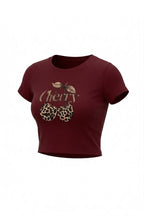 Kadın Bordo Kiraz Leopar Desenli Bisiklet Yaka Likralı Kısa Kol Body Crop Bluz