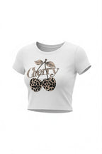 Kadın Beyaz Kiraz Leopar Desenli Bisiklet Yaka Likralı Kısa Kol Body Crop Bluz