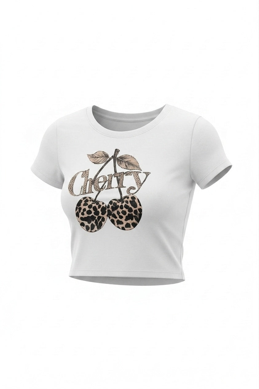 Kadın Beyaz Kiraz Leopar Desenli Bisiklet Yaka Likralı Kısa Kol Body Crop Bluz