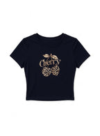 Kadın Lacivert Kiraz Leopar Desenli Bisiklet Yaka Likralı Kısa Kol Body Crop Bluz
