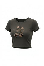 Kadın Haki Kiraz Leopar Desenli Bisiklet Yaka Likralı Kısa Kol Body Crop Bluz