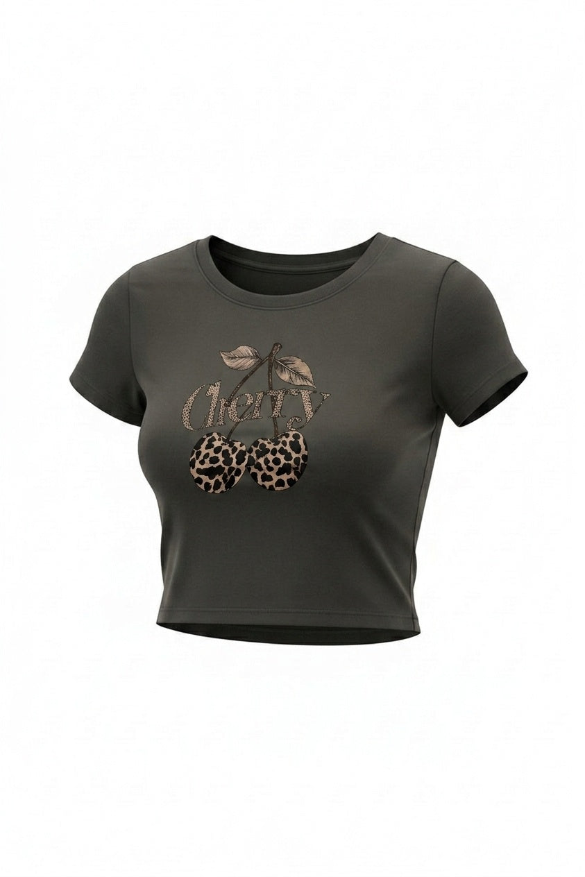 Kadın Haki Kiraz Leopar Desenli Bisiklet Yaka Likralı Kısa Kol Body Crop Bluz