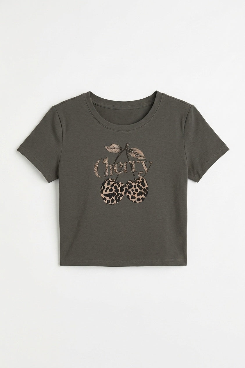 Kadın Haki Kiraz Leopar Desenli Bisiklet Yaka Likralı Kısa Kol Body Crop Bluz