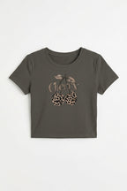 Kadın Haki Kiraz Leopar Desenli Bisiklet Yaka Likralı Kısa Kol Body Crop Bluz