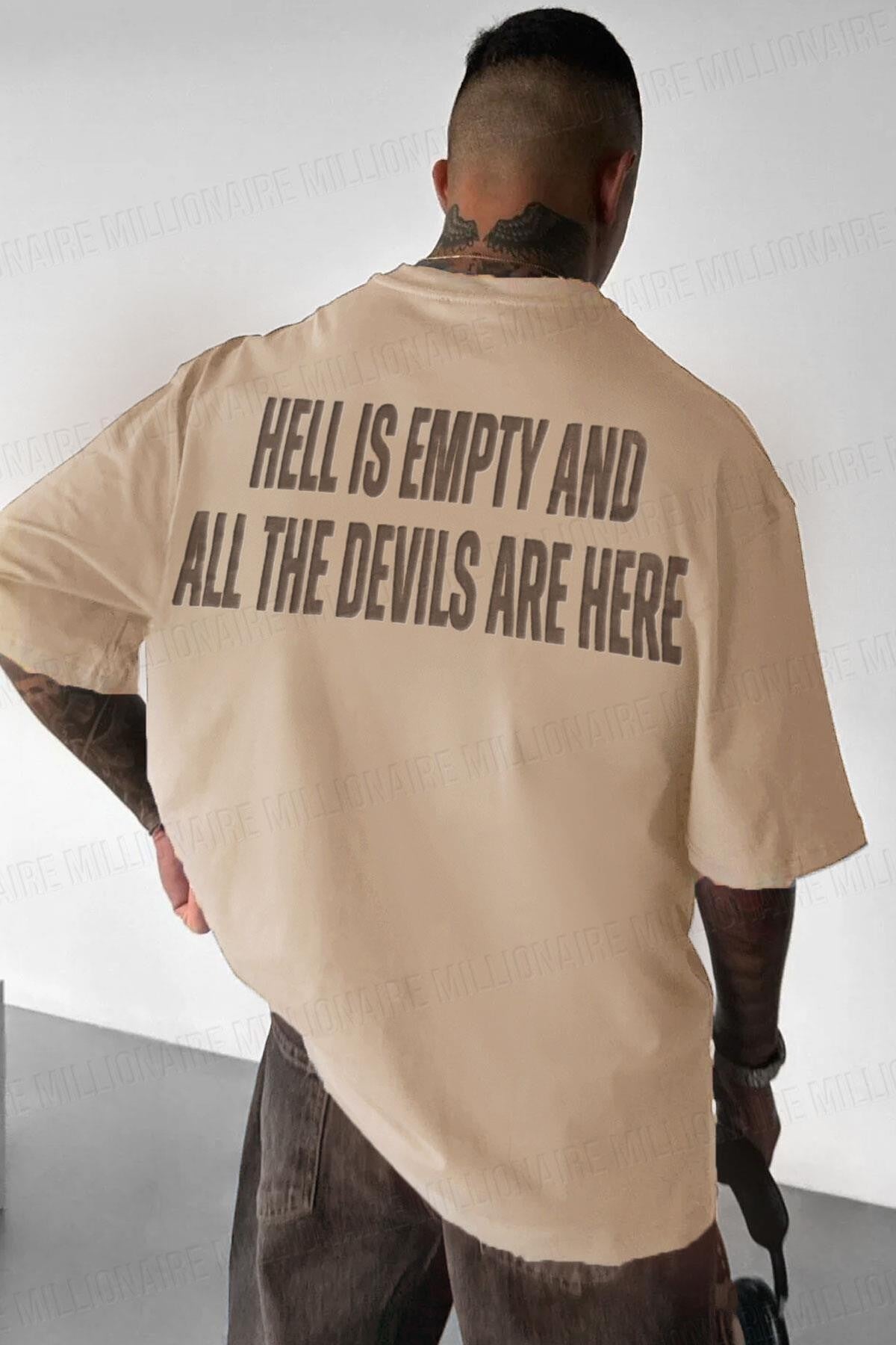 Erkek Hell & Devil Kabaran Baskı Camel Bisiklet Yaka Oversize Salas T-Shirt