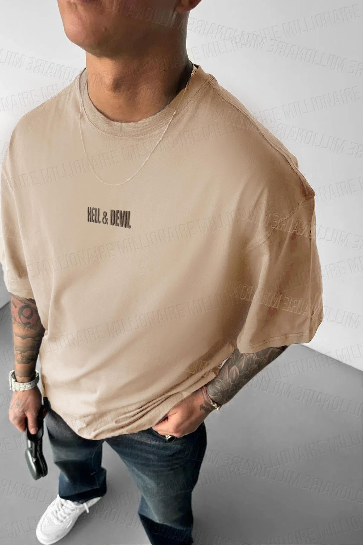 Erkek Hell & Devil Kabaran Baskı Camel Bisiklet Yaka Oversize Salas T-Shirt