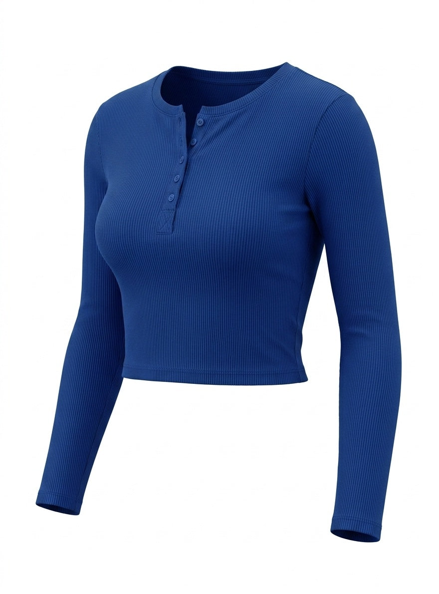 Kadın Mavi Düğme Detaylı Patlı Düğmeli Bisiklet Yaka Uzun Kollu Fitilli Kaşkorse Bluz Body