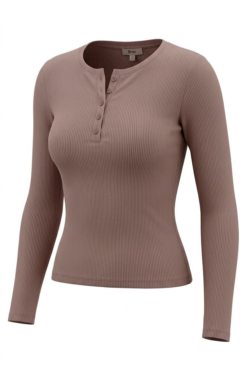 Kadın Açık Kahve Düğme Detaylı Patlı Düğmeli Bisiklet Yaka Uzun Kollu Fitilli Kaşkorse Bluz Body